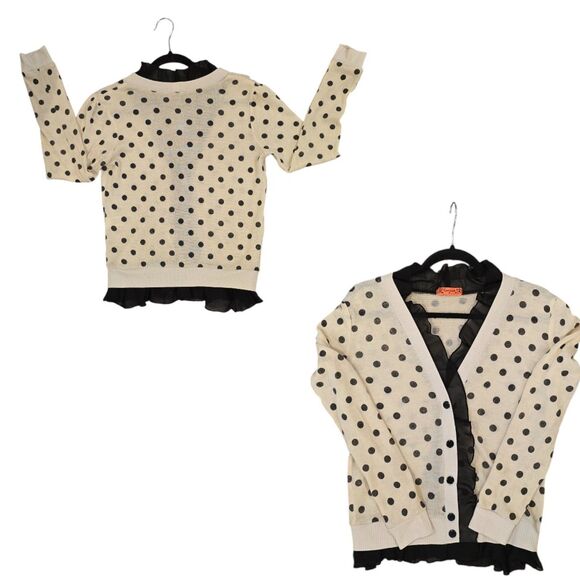 Live to be Spoiled Beige Black Polka Dots & Lace Accents Cardigan Sweater Medium - Picture 3 of 5